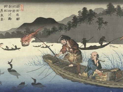 Aalscholvervissersboten op de Nagae rivier te Kawado