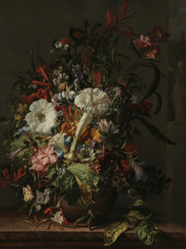 Still Life of Exotic Flowers on a Marble Ledge