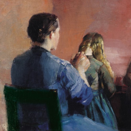A mother plainting her little daughters hair