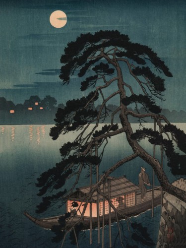 Moonlit pine and pleasure boat