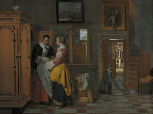 Binnenhuis met vrouwen bij een linnenkast