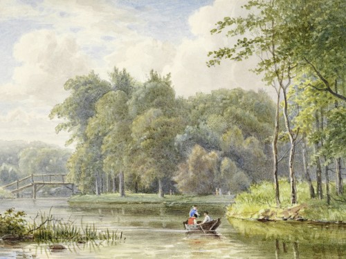 Landschap met figuren in een roeibootje