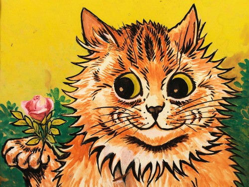 A tabby cat holding a rose