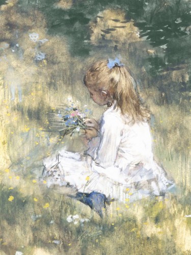 A Girl with Flowers on the Grass