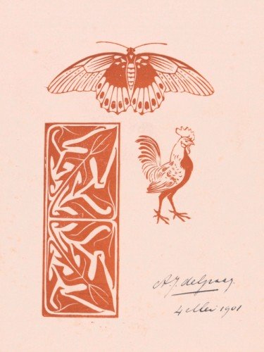 Butterfly, rooster and leaf ornament