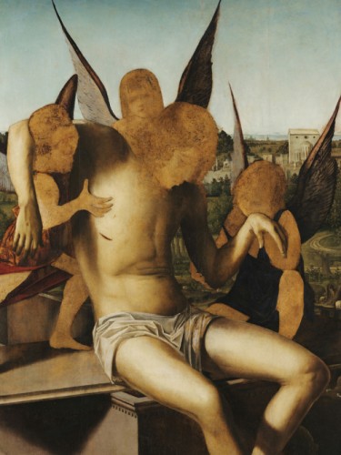 Dead Christ supported by three Angels