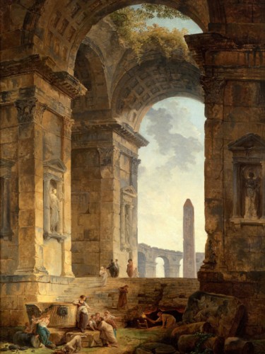 Ruins with an obelisk in the distance