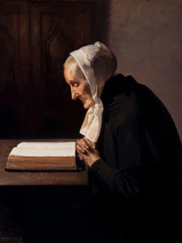 Mrs Brondum reading the Bible