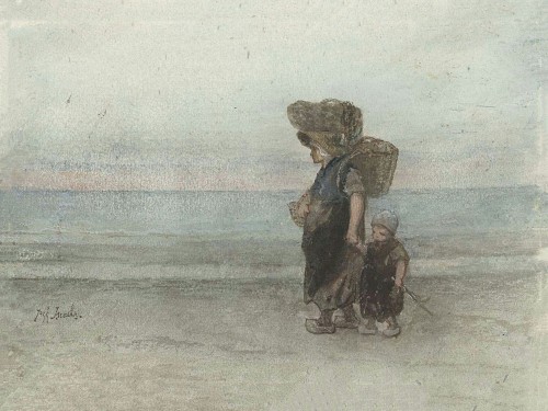Vrouw met kind, lopend over het strand