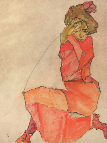 Kneeling Female in Orange-Red Dress