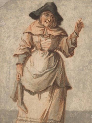 An Old Market Woman Grinning and Gesturing