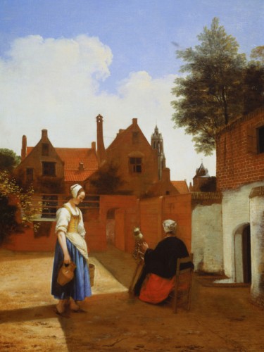 Courtyard in Delft at Evening a Woman Spinning