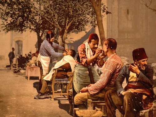 Barbers near Seraskierrat, Constantinople, Turkey