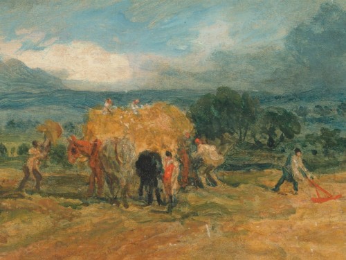 A Harvest Scene with Workers Loading Hay
