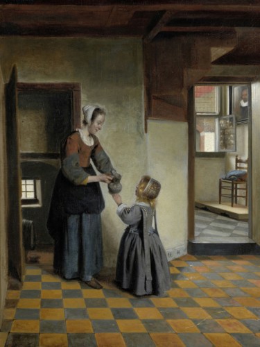 Een vrouw met een kind in een kelderkamer