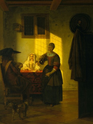 A Couple Playing Cards, with a Serving Woman
