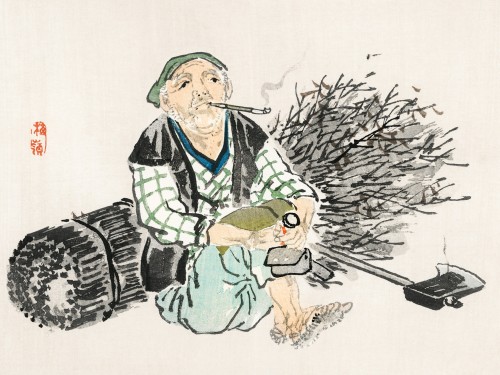 Smoking farmer with branches