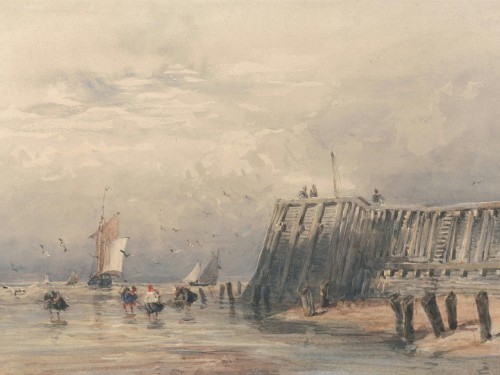 Sailing Barges and Shrimpers off a Pier