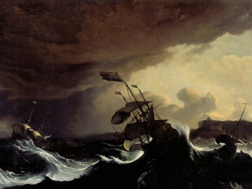 Ships in a Stormy Sea off a Coast