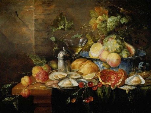 Fruchtestillleben mit Austern und Weinglas